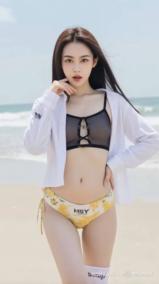 头发轻微飘动，整体微动，手指轻轻摆动，海水在涌动，女孩正视前方，微笑 by Hailuo AI Video Generator