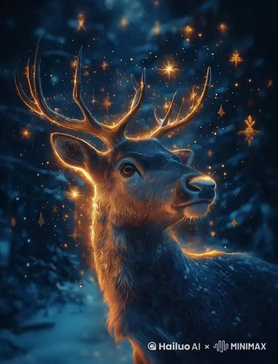 A close-up of a reindeer's nose, which suddenly brightens, illuminating the night sky. The light expands, revealing constellations shaped like Christmas symbols like stars, trees, and gifts, all twinkling in a festive pattern by Hailuo AI Video Generator