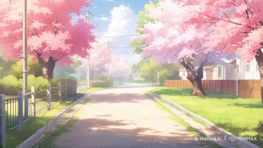 画面中的树枝随风摆动，花瓣落在地上，镜头向前移动，画面很温暖 by Hailuo AI Video Generator