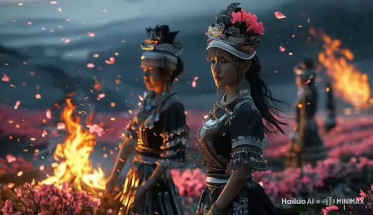 镜头环绕运动，飘舞的花瓣，跳舞的女性们 by Hailuo AI Video Generator