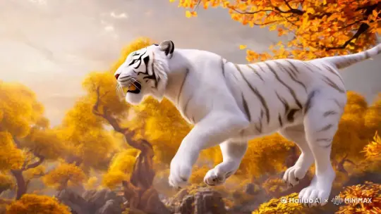 中国古代《山海经》中的一种神话动物，超现实，白虎，一只白色的虎，象征着秋天和金属性的力量。在仙境中奔跑或跳跃，展现出其神兽的灵动与力量。金、白、橙色调。写实摄影风格、奇幻艺术美学、电影灯光、中国怪诞美学、浪漫风景、细线条、虚幻引擎渲染、空灵渲染、仙境背景、自然光，8K，精致的细节，美丽的灯光效果，梦幻引擎 by Hailuo AI Video Generator