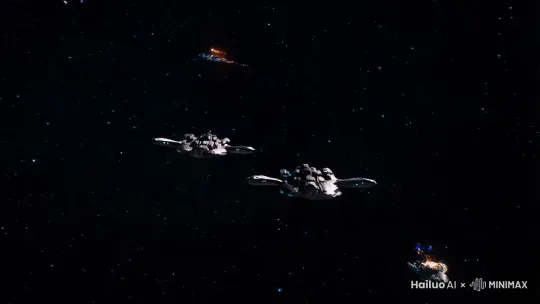 在浩瀚的太空中突然出现了两支面对面的星际舰队，它们一见面就发生了交火，激光、导弹、等离子于两支舰队间交叉飞舞着。最后双方都化为了废铁在空旷的宇宙中飘荡。 by Hailuo AI Video Generator