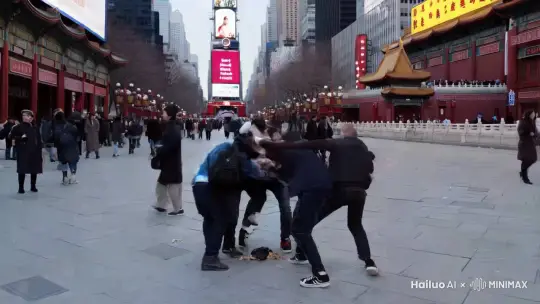 在纽约时代广场前，3个年轻力壮的男人正在对一名乞丐拳打脚踢，周围的路人冷眼旁观，甚至连连称赞3名男子，最终，乞丐被一脚提到了故宫的午门门口 by Hailuo AI Video Generator