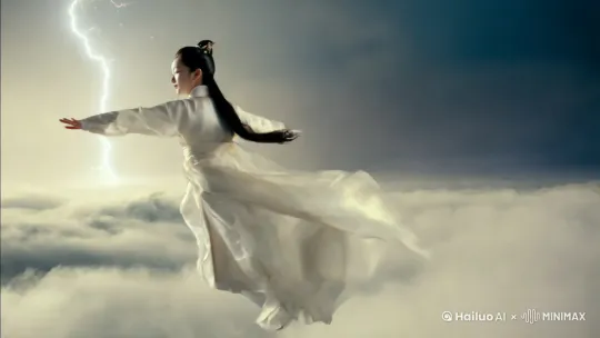 一个可爱的中国女孩 身穿白色汉服  在云层之上急速飞翔 云雾景色从脚下飞速略过 云雾涌动  远处 雷电间断闪耀  by Hailuo AI Video Generator