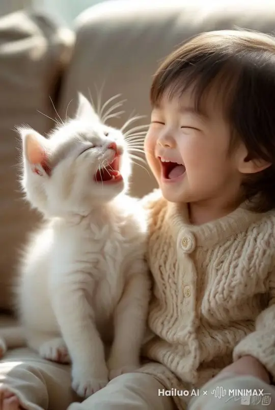一只白色的小猫和一个三个月大的小孩子,一只奶白色的小猫和一个半岁年纪大的亚洲小男孩,并排坐在沙发上,体型一样大。互相依偎着对方,张开嘴巴,闭上眼睛,开怀地大笑。阳光透过窗户,照射在他们身上,很温馨的画面,近镜头 by Hailuo AI Video Generator