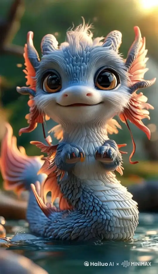 年轻的神龙幼子在溪流戏水 by Hailuo AI Video Generator
