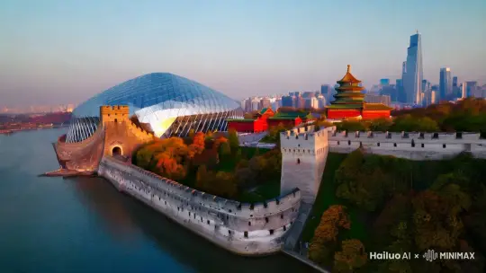 画面一幕幕展示北京各个地标的场景，FPV 飞过的地点不断变化。先来到春天万里长城的壮丽、夏天夜晚的水立方、鸟巢的雄伟、秋天的天坛、冬天的故宫的典雅。动态运动、动态模糊、延时摄影、超高速、30 倍速、电影效果、柔和色调。 by Hailuo AI Video Generator