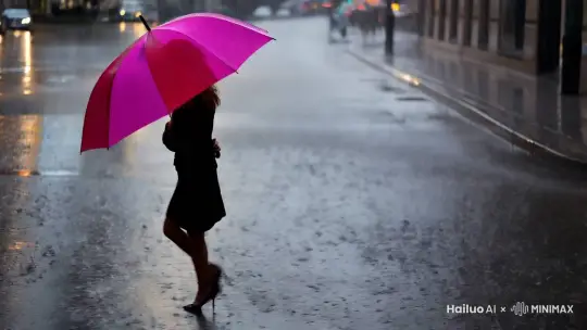 A woman with an umbrella walks down a rainy street. by Hailuo AI Video Generator