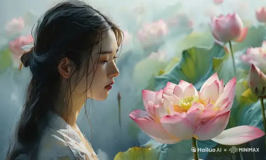 主体：女孩看着面前的莲花，神情淡然，莲花轻轻晃动  。   背景：雾气升腾的莲花池，雾气飘动。  运镜：以女孩为主体，慢慢拉近。 氛围：神秘有诗意、电影意境。  光影：不明显。    by Hailuo AI Video Generator