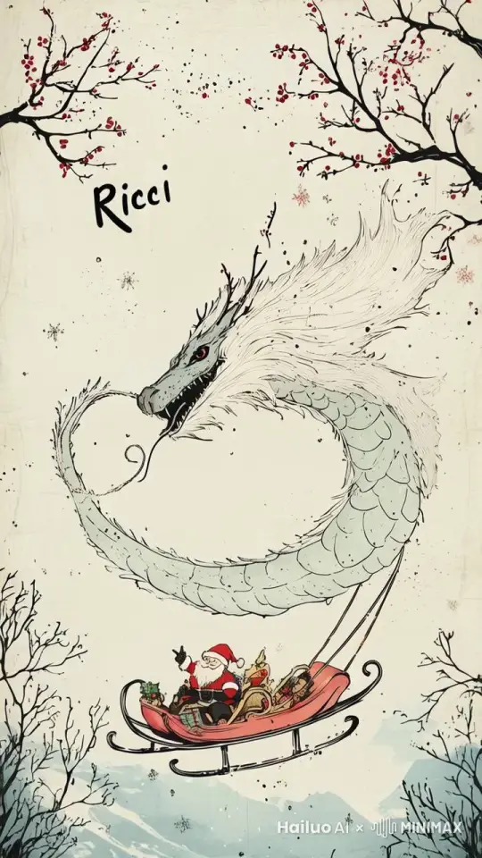 中国画风格，一条龙拉着圣诞老人的雪橇，雪地上有一些梅花点缀 by Hailuo AI Video Generator