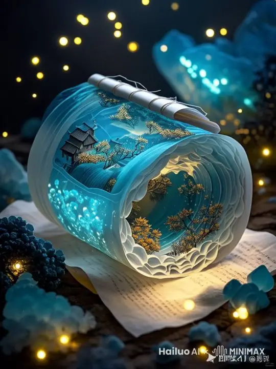 图中卷轴打开，露出图中建筑立体真实的样子，星光流萤，美好梦幻 by Hailuo AI Video Generator