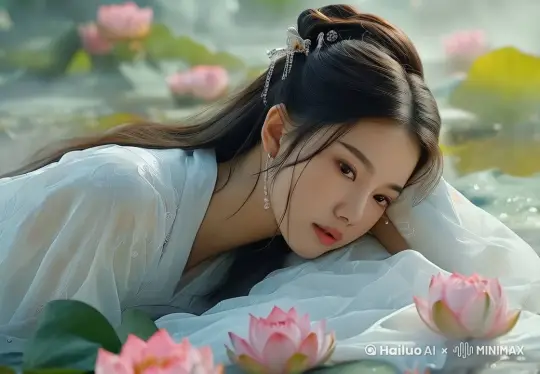 主体：女孩看着面前的莲花，神情淡然，莲花轻轻晃动 、2秒后女孩慢慢眨眼 。   背景：雾气升腾的莲花池，雾气飘动、女孩后面的水面有涟漪。  运镜：以女孩为主体，慢慢拉近。 氛围：神秘有诗意、电影意境。  光影：不明显。    by Hailuo AI Video Generator