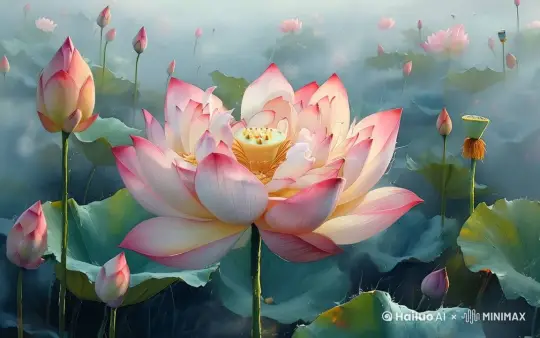主体：一朵大莲花轻轻晃动，荷叶和花苞也在晃动 。   背景：雾气升腾的莲花池，雾气飘动。  运镜：以大莲花为主体，镜头围绕莲花慢慢旋转。 氛围：神秘有诗意、电影意境。  光影：不明显。    by Hailuo AI Video Generator