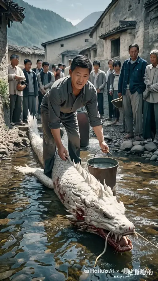 男人坐在龙身上，用刷子给龙洗刷鳞片，龙带着男人飞到空中，镜头跟随龙 by Hailuo AI Video Generator