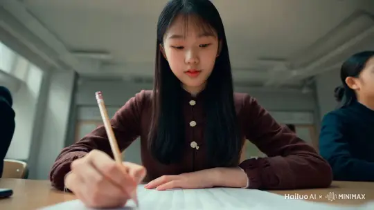 An extremely beautiful peking girl, super detail,college student,20 yo，正在考试，专注，极度自信，低头，眼睛看着试卷，目光 focus on 试卷上，手拿铅笔在试卷上书写， in classroom,shot from below. real photo, full length view by Hailuo AI Video Generator