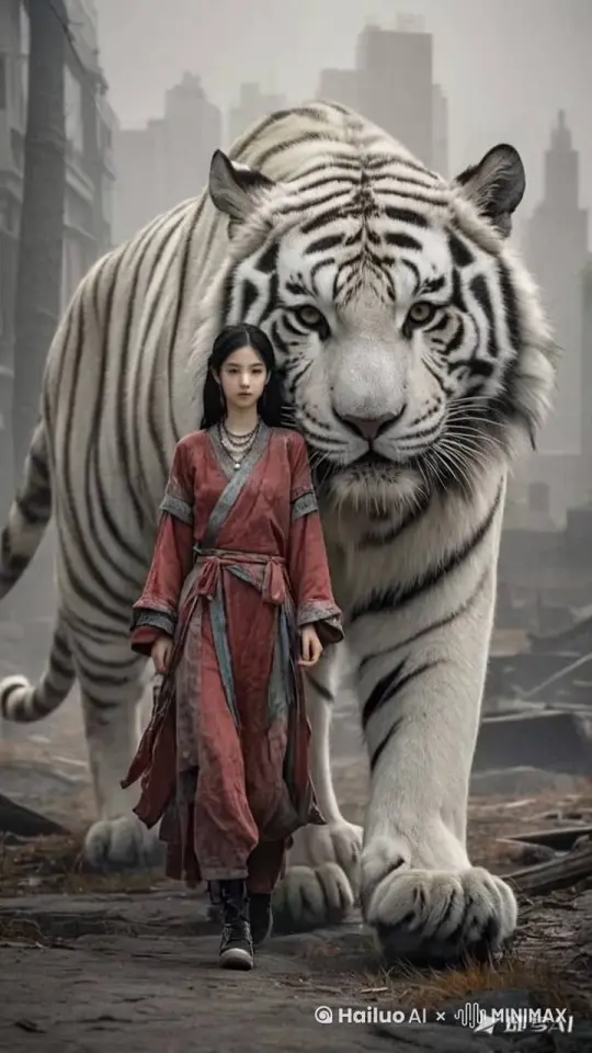 一个妙龄美女身穿褪色的红衣汉服和一只体型巨大的白虎面向镜头走来，小女孩衣衫褴褛，历经风霜，面向镜头走来，白虎体型巨大在行走，背景是一片城市废墟背景大雾弥漫，灰暗，下着小雨，灰色调，废土风格，低饱和度，低镜头仰拍镜头，近距离特写镜头，侘寂风格，东方美学，青橙色调，大师杰作，长焦摄影，超清写实摄影，超清8K，极简风格，超高细节​ by Hailuo AI Video Generator