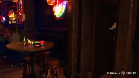  3d rendering， game cg。Final Fantasy VII ，，最终幻想7  。unreal engine Style ， 。过肩镜头，克劳德 推开酒吧大门 进入酒吧，
克劳德 亲吻 蒂法·洛克哈特 Tifa Lockhart，然后 2人公主抱，Cloud carrying  Tifa in his arms  ，kiss ，爱丽丝·盖恩斯巴勒 Aerith Gainsborough 走过来 手拿鲜花 生气，克劳德·斯特莱夫 Cloud Strife  转身大哭 双手抱头，  by Hailuo AI Video Generator
