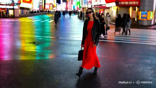 A stylish woman walks down a Tokyo street filled with warm glowing neon and animated city signage. She wears a black leather jacket, a long red dress, and black boots, and carries a black purse. She wears sunglasses and red lipstick. She walks confidently and casually. The street is damp and reflective, creating a mirror effect of the colorful lights. Many pedestrians walk about. by Hailuo AI Video Generator