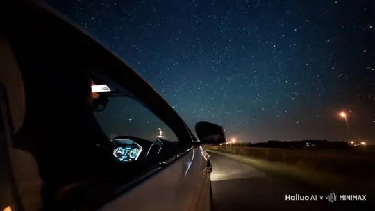 镜头在车内，外面是繁星点点的夜空，车子缓缓向前推进，1080p电影级，夜景 by Hailuo AI Video Generator