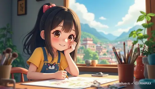 A girl is sitting by the window, drawing slowly with a pen, smiling, and the camera slowly pans to the right by Hailuo AI Video Generator