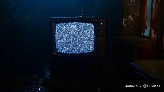 在一个阴暗潮湿空无一物的房间里，一台老旧的复古电视机突然从黑暗中通了电，在一阵闪屏之后，电视的画面中突然出现了一口井。一个长发穿着白色睡衣的女人面目狰狞的从井中爬出，她脸色苍白，眼睛瞪的可怕 by Hailuo AI Video Generator