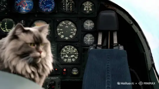 一只非常非常胖的蓝猫坐战斗机 by Hailuo AI Video Generator