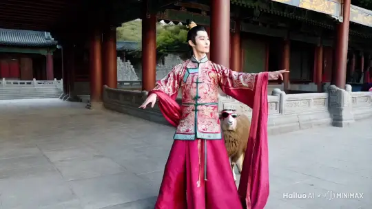 背景在古代中国宫殿里，科比穿着一身舞女的汉服在翩翩起舞，旁边有一只带着墨镜的羊在伴奏 by Hailuo AI Video Generator