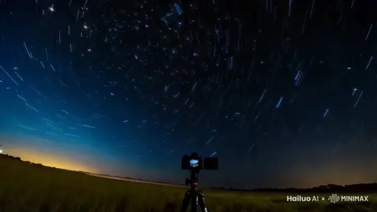 夜晚的草地上空，万颗星星划过天空，第一视角，延时摄影 by Hailuo AI Video Generator