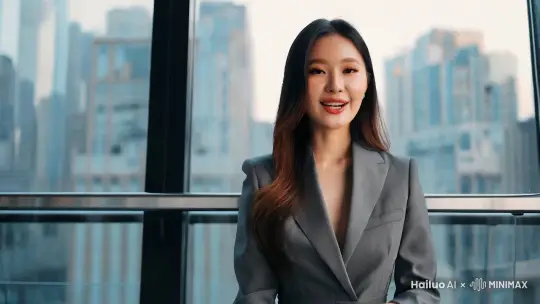 一位中国年轻美女，披肩发，身材苗条，穿着灰色西装，站在超大玻璃窗前，黑色窗框。背后是高楼大厦，微笑着 、对口型、正对镜头 ，镜头固定。 by Hailuo AI Video Generator