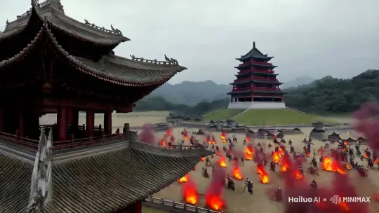 镜头从中国古代城楼快速下移，然后镜头快速穿梭在中国古代战场、战士们在厮杀，呈现出战争的残酷，战场四处冒着浓烟，远处古代城楼，三国战场，战争场面，震撼，冲击力，电影运镜，跟拍运镜，电影色调， by Hailuo AI Video Generator