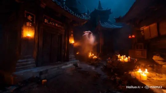 4K 超高清渲染,魔幻风格,惊悚诡异氛围,黑山老妖场景中破败古刹空间环境,主体:无(第一人称视角),细节:鬼手上苍白的皮肤,蠕动的青筋,次要对象:古刹里摇曳的烛火和掉落的牌匾,环境:阴森幽暗的古刹,风声呼啸,尘埃飞扬,动作:超快速推进穿越,镜头以顺时针高速旋转,动作幅度极大,运动速度超快,镜头:近景,推镜头、旋转镜头结合,主观镜头,动作幅度极大,运动速度超快,灯光:黯淡的橘黄色光芒与微弱的闪电,光线散射且阴森,构图:不规则构图,色调:冷色调为主,深棕色和暗灰色搭配,特效:鬼手伸缩特效、尘埃弥漫,灵感参照:《倩女幽魂》中相关恐怖场景方式 ,画面不出现字幕和标识。 by Hailuo AI Video Generator