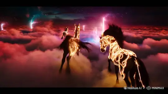 4K 超高清渲染，奇幻风格，震撼壮美氛围。战马群在广袤无边的云层中奔腾的空间环境，主体为无（第一人称视角）。细节方面，战马身上有着蜿蜒的电流纹路，带电的马鬃随风飘扬。次要对象包含闪烁的星云和悠悠飘荡的极光。环境是广袤无垠、霞光璀璨且神秘浩渺的云海。动作是超快速推进穿越，镜头以顺时针高速旋转，动作幅度极大，运动速度超快。镜头采用近景，推镜头、旋转镜头结合，是主观镜头，动作幅度极大，运动速度超快。灯光是绚烂夺目的光芒与浓重的云影交织，光线散射且奇幻无比。构图为不规则构图，色调是冷暖色调交融，紫红色与亮蓝色巧妙搭配。特效有云浪翻涌特效、电焊光芒闪烁，灵感参照:《权力的游戏》中奇幻场景方式 ，画面不出现字幕和标识。 by Hailuo AI Video Generator