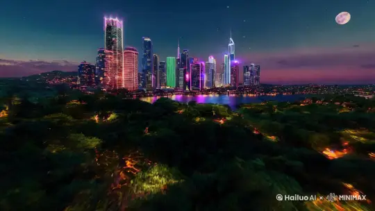 迷离梦幻的场景，FPV 飞过的地点不断变化。夜晚的城市、海滩、水下珊瑚、太空。动态运动、动态模糊、延时摄影、超高速、30 倍速、电影效果、柔和色调。 by Hailuo AI Video Generator