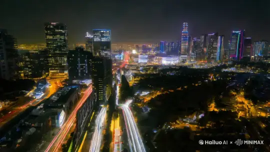 迷离梦幻的场景，FPV 飞过的地点不断变化。夜晚的城市、海滩、水下珊瑚、太空。动态运动、动态模糊、延时摄影、超高速、30 倍速、电影效果、柔和色调。 by Hailuo AI Video Generator