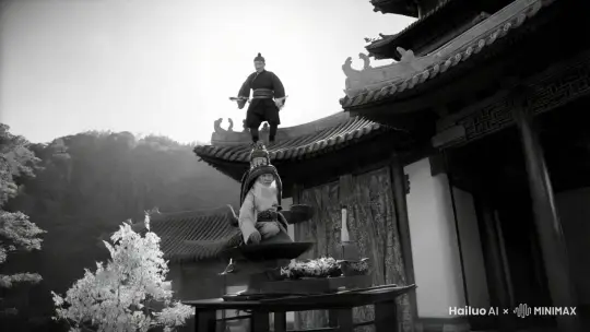 老黑白电影效果，电影大片感，低角度仰视拍摄。
一个老XX在在道庙顶施法修行。镜头前有前景，中国画的审美情趣，超现实摄影风格，奇幻艺术美学，超真实场景。
8K，好莱坞大片电影感，光线的微妙变化，增强了真实感，营造出一种吸引观众的高度审美体验。真实的光影效果，氛围紧张神秘，hyper qualty，high detai。
老人施法，忽然老XX快速蜕变成一只老鹰，老鹰飞走。镜头运动炫酷。画面主体动态呈现，动作自然流畅，
环境光，符合逻辑，极致细节，镜头跟拍，超真实动态捕捉 by Hailuo AI Video Generator
