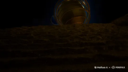 镜头从画面的黑暗中缓缓拉近，伴随着深邃的星光散落，逐渐显现出一座金色的阶梯。镜头以低角度向上推进，阶梯上的岩石和灰质感的纹理清晰可见，细小的金粉随光闪烁。逐渐，镜头聚焦于阶梯尽头的金色球体，球体外环悬浮着细致的金色轨道，环绕的地球形态栩栩如生，呈现出冰冷的金属光泽与透明质感。镜头轻微摇摆，展现球体的细节，同时背景中宇宙的蓝色星云缓缓流动，星光点点，营造出宏大而神秘的氛围。镜头逐渐向球体顶部升起，旋转环绕，将宇宙的无限与球体的细节完整呈现，最后缓缓拉远，整个金色阶梯与宇宙背景融为一体，留下深邃的星空与未来感的悬念。 by Hailuo AI Video Generator