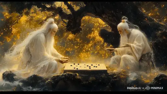  cartoon in the style of Chinese ink brush,Medium shot: Two celestial beings playing Go under massive pine tree. Floating energy wisps, magic light filtering through branches. Ornate stone Go board. Traditional immortal robes with flowing fabric.Medium shot: Two celestial beings playing Go under massive pine tree. Floating energy wisps, magic light filtering through branches. Ornate stone Go board. Traditional immortal robes with flowing fabric. by Hailuo AI Video Generator
