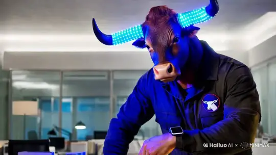 提示词：办公室加班。牛马在电脑前工作，牛角上的LED灯显示蓝色，表示专注，智能手表记录加班时间，办公室内灯火通明。
我的头部是牛的形象，威武的牛角从头顶伸出，象征着力量和坚韧。
我的身体是人类的身体，肌肉线条分明，展现出劳动者的强健。我穿着一件特制的工作服，结合了现代工业感和传统元素，胸前绣有牛头图案，彰显我的身份。我的牛角上装有迷你LED灯，随着我的情绪变化而变换颜色，是我情绪的晴雨表。我的手腕上戴着一块智能手表，它不仅是时间的记录者，也是我健康管理的助手。无论在哪个场景，我都保持着这身标志性的装束。 by Hailuo AI Video Generator