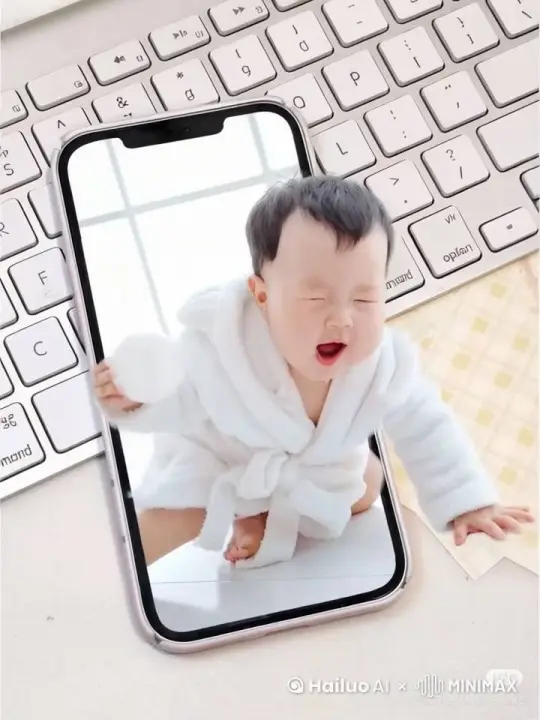 图中的小朋友向屏幕前爬过来，手里有一只手要抓他 by Hailuo AI Video Generator