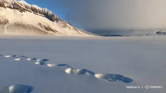 一片白茫茫的雪地，脚印深深浅浅，远处是巍峨的雪山，探险者们穿着厚重的装备，迎着寒风前行。 by Hailuo AI Video Generator