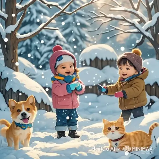 图片中的两个小孩在打雪仗，动物们也跟着他们很开心的玩着，雪还在继续下着不停 by Hailuo AI Video Generator