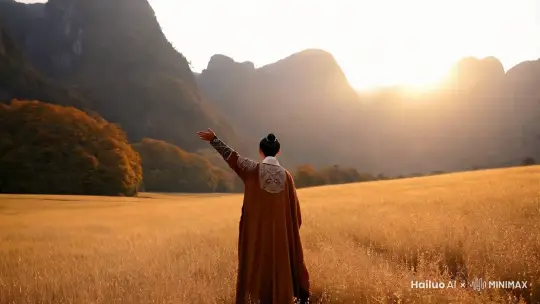 太阳从遥远的地平线慢慢升起来，光线还不是很明亮，原野被染成淡金黄色，风吹着周边山峰上的树木，轻轻摇动，一个穿着唐朝服装的人背对着单手指天，高声吟诗。 by Hailuo AI Video Generator
