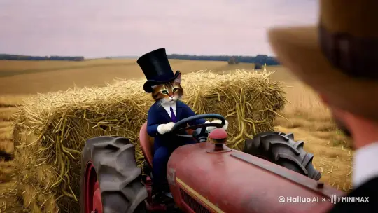  A cat wearing a suit and a top hat, while driving a tractor. The tractor has lots of hay on top. Cinematic by Hailuo AI Video Generator