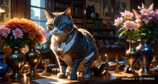画面中蹲在书桌上的猫咪舔了一下自己的爪子，然后放下，正面镜头，角度不变 by Hailuo AI Video Generator