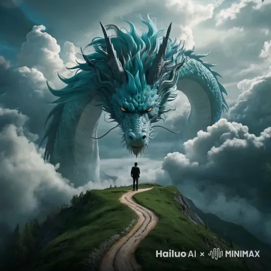 龙头缓缓拉近，鼻孔喷气，小人打开双手仰头 by Hailuo AI Video Generator