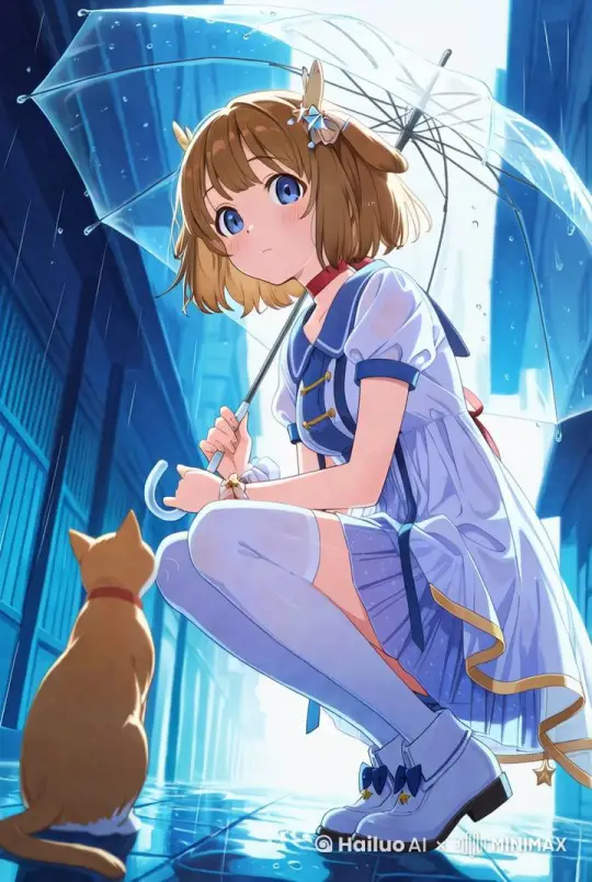 一个女孩蹲着，摇晃的衣服和头发，下雨的天气，飘落的雨滴 by Hailuo AI Video Generator