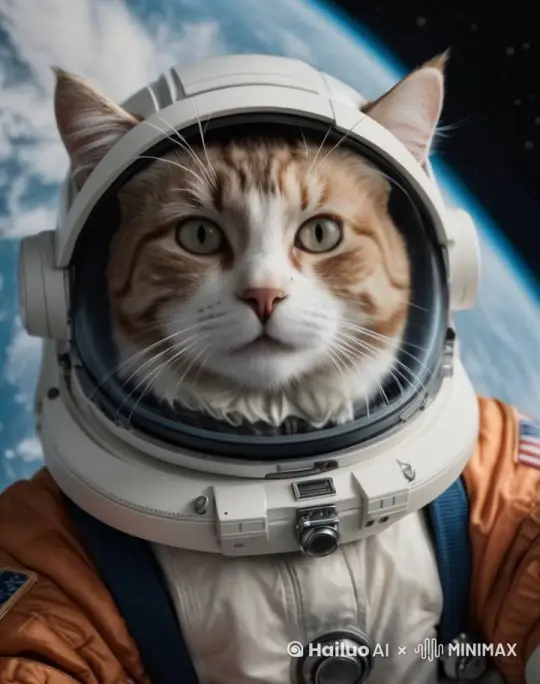 镜头慢慢拉远，显示一只太空猫正在太空中自拍， by Hailuo AI Video Generator