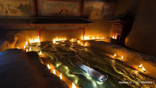 秦始皇陵地宫内部情景，有永远不灭的灯，还有史书记载的大秦疆域，上面有水银，秦始皇的棺椁随着水银飘动，地宫内部有很多兵马俑，奢侈至极 by Hailuo AI Video Generator