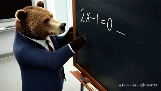   bear in suit，Bear writing the solution to 2x-1=0. But only the solution，writing on blackboard，then walking out through ther classroom door by Hailuo AI Video Generator