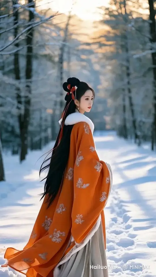 古风美女在寒风中的雪地旋转身体，长发和飘带在漫天飞雪中飘逸，身上的长袍裙子都随身体转动而产生动态效果，旋转的姿态显得非常轻巧和优雅 by Hailuo AI Video Generator